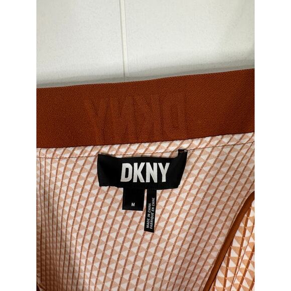 DKNY Satin Effect Geo Print Slip Maxi Dress Medium Tan Cream V Neck Logo